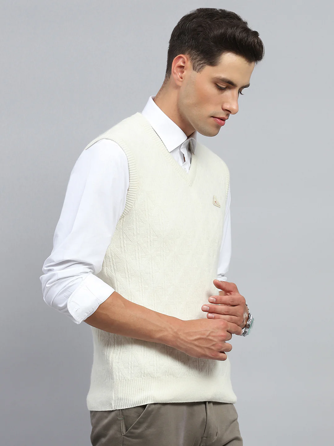 Men White Self Design V Neck Sleeveless Sweater - Image 6