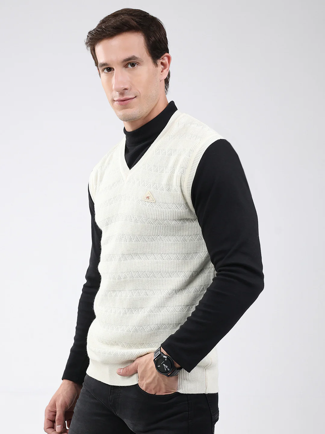 Men White Self Design V Neck Sleeveless Sweater - Image 3