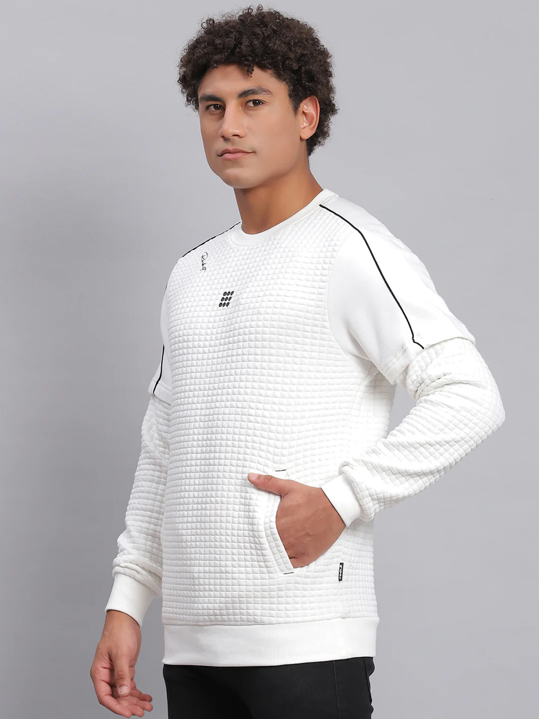 Rock.it Men White Self Design Round Neck Full Sleeve Sweatshirt - Image 3