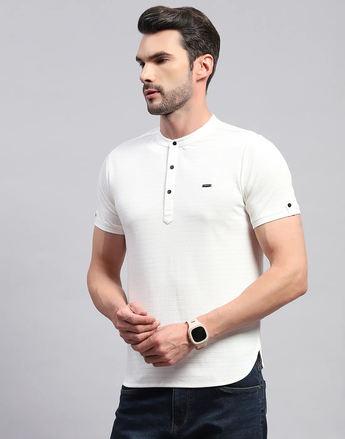Men White Solid Band Collar Half Sleeve T-Shirt - Image 3
