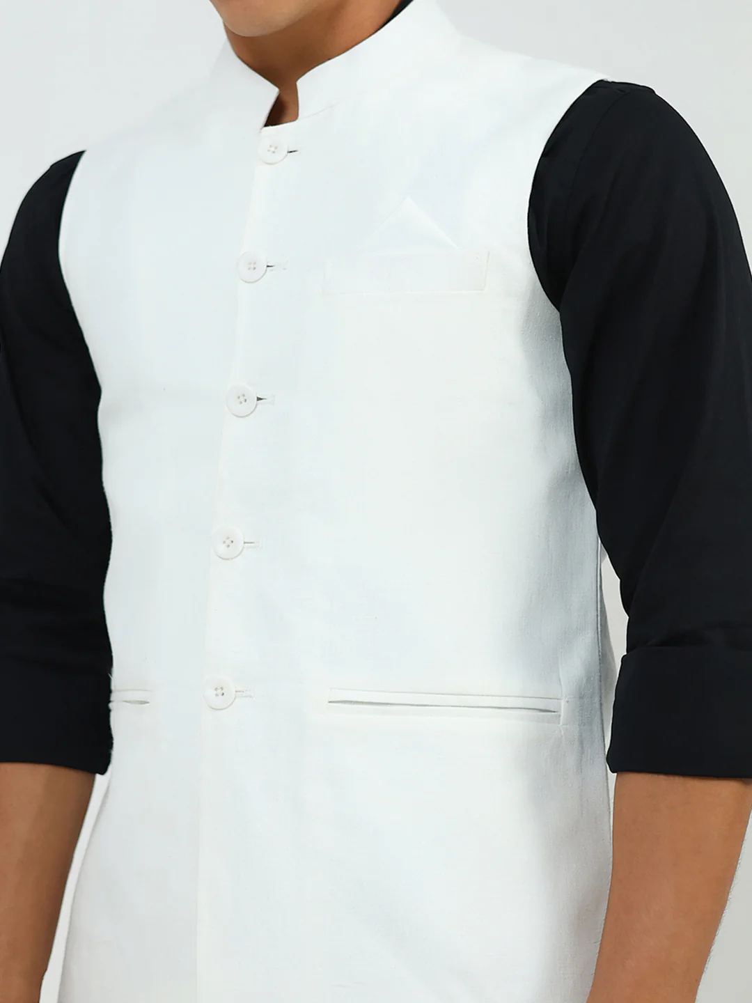 Men White Solid Band Neck Sleeveless Nehru Jacket - Image 6