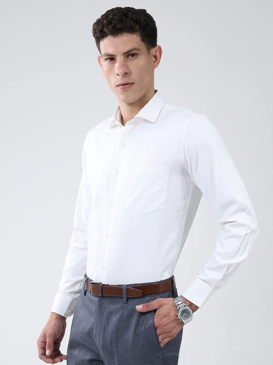 Men White Solid Collar Full Sleeve Shirt - Image 3