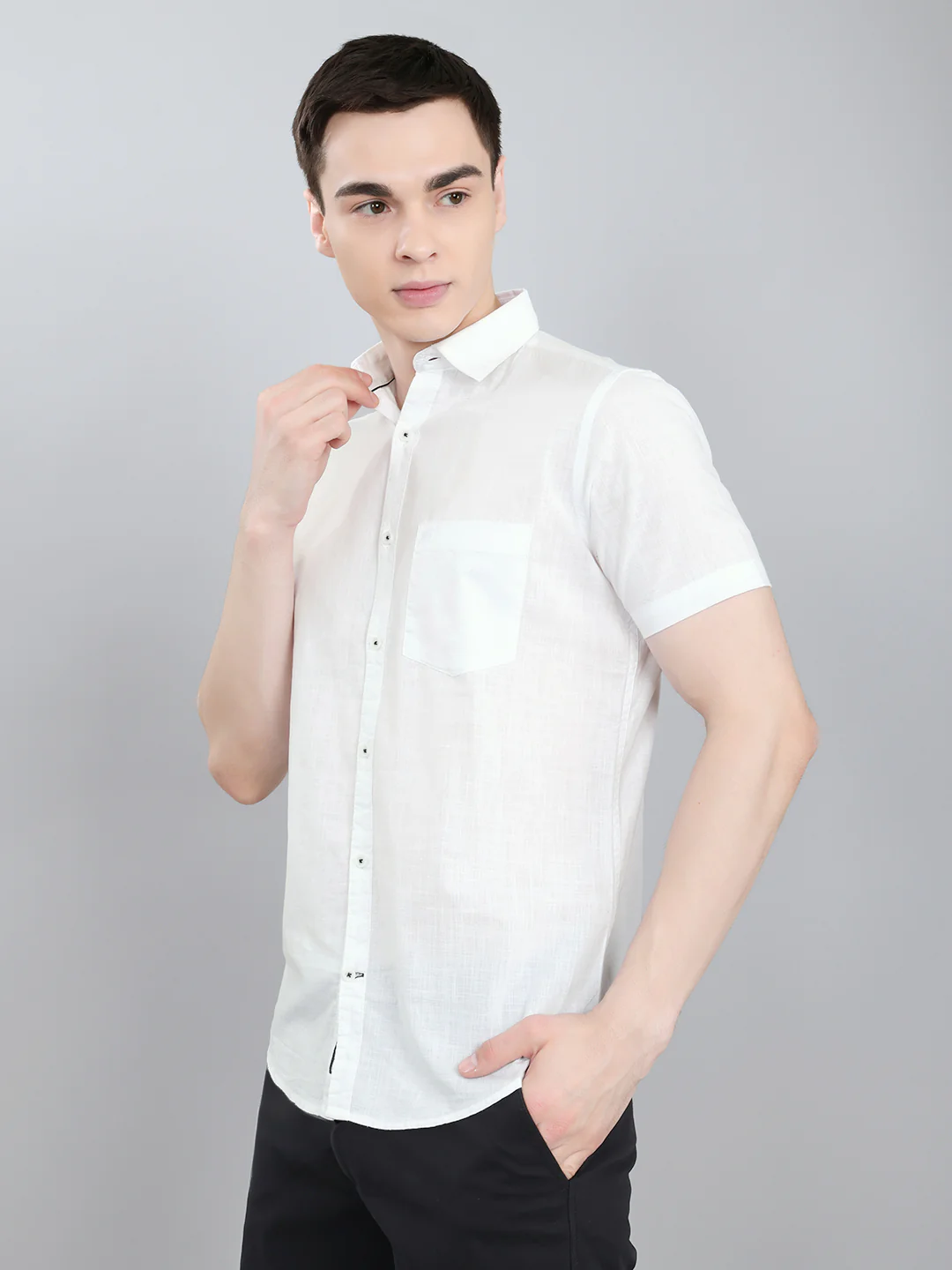 Men White Solid Collar Half Sleeve Shirt - Image 2