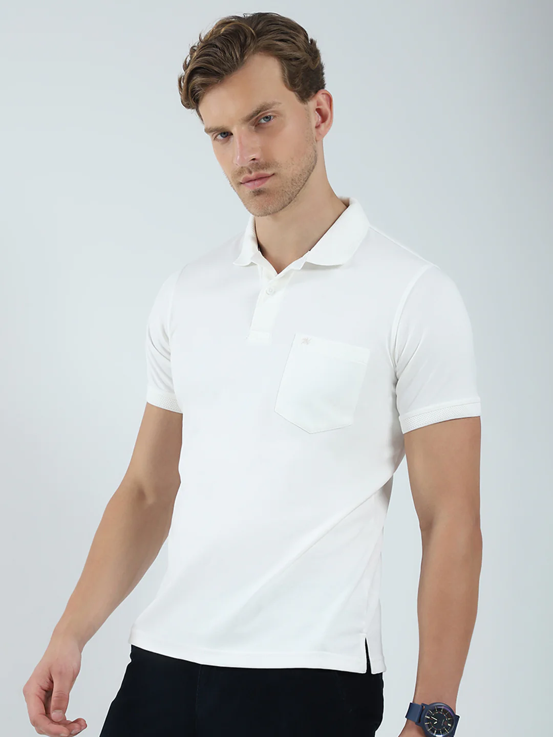 Men White Solid Collar Half Sleeve T-Shirt - Image 3