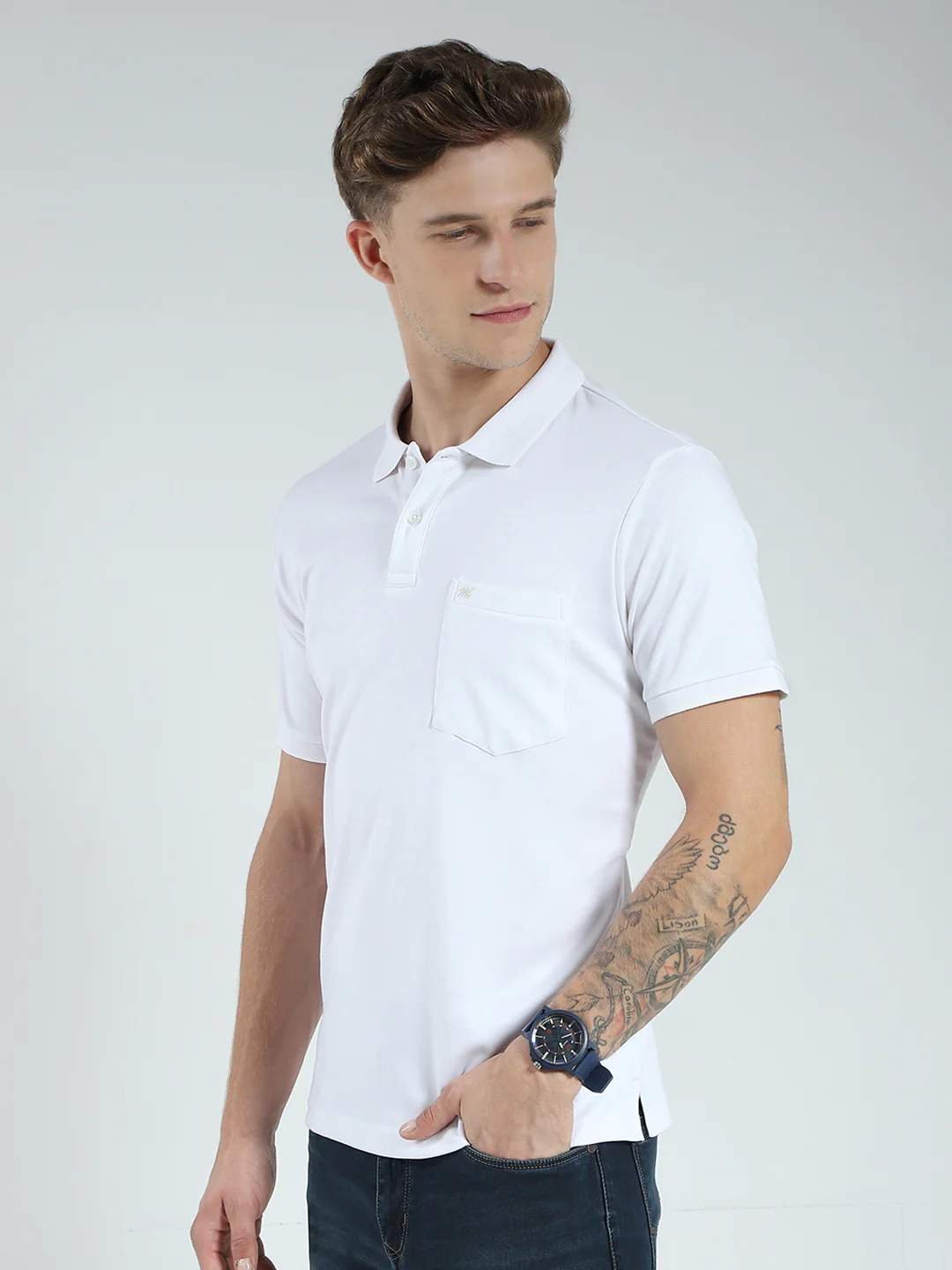 Men White Solid Collar Half Sleeve T-Shirt - Image 3