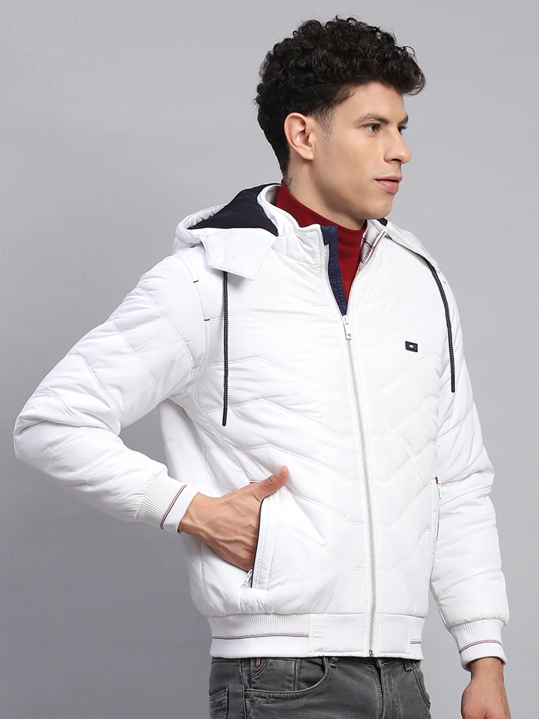 Men White Solid Detachable Hood Full Sleeve Jacket - Image 4