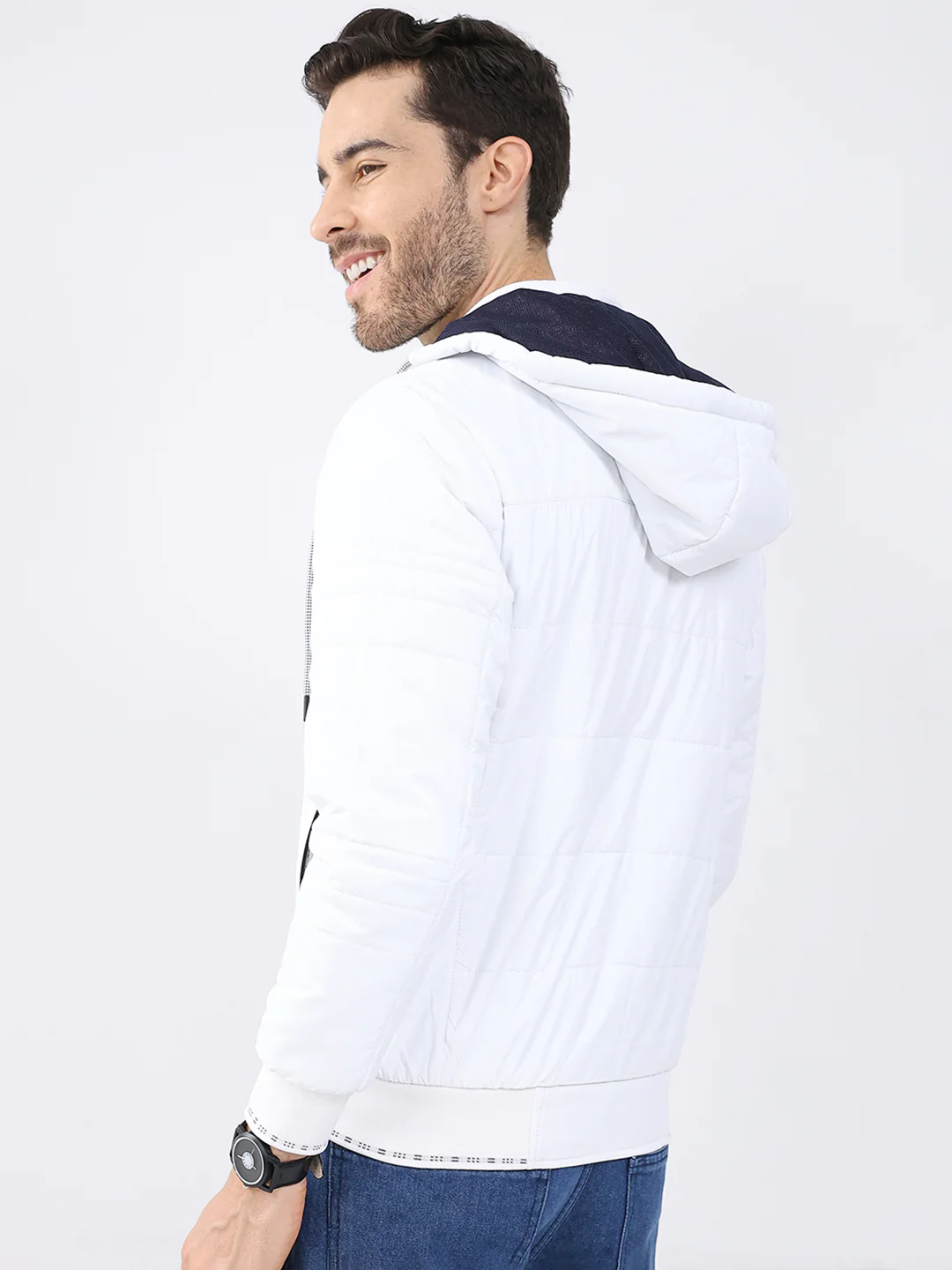Men White Solid Detachable Hood Full Sleeve Jacket - Image 5