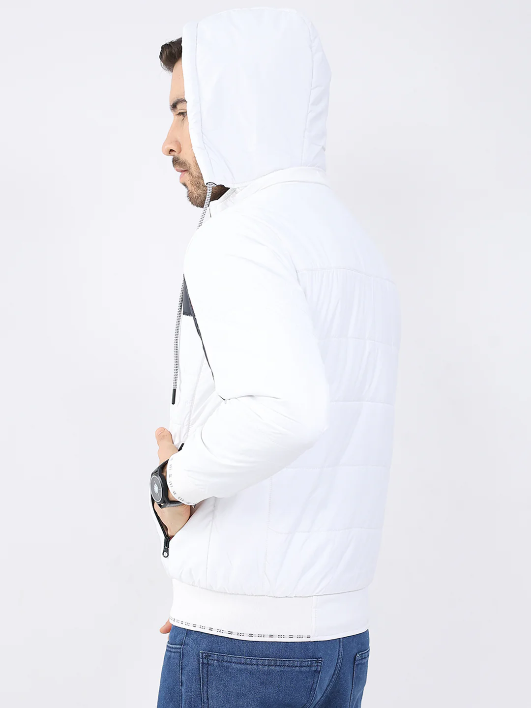 Men White Solid Detachable Hood Full Sleeve Jacket - Image 6