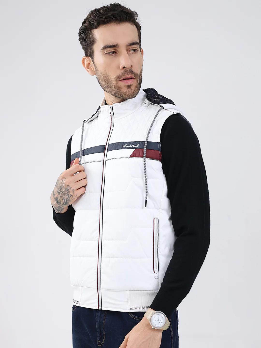 Men White Solid Detachable Hood Sleeveless Jacket - Image 3