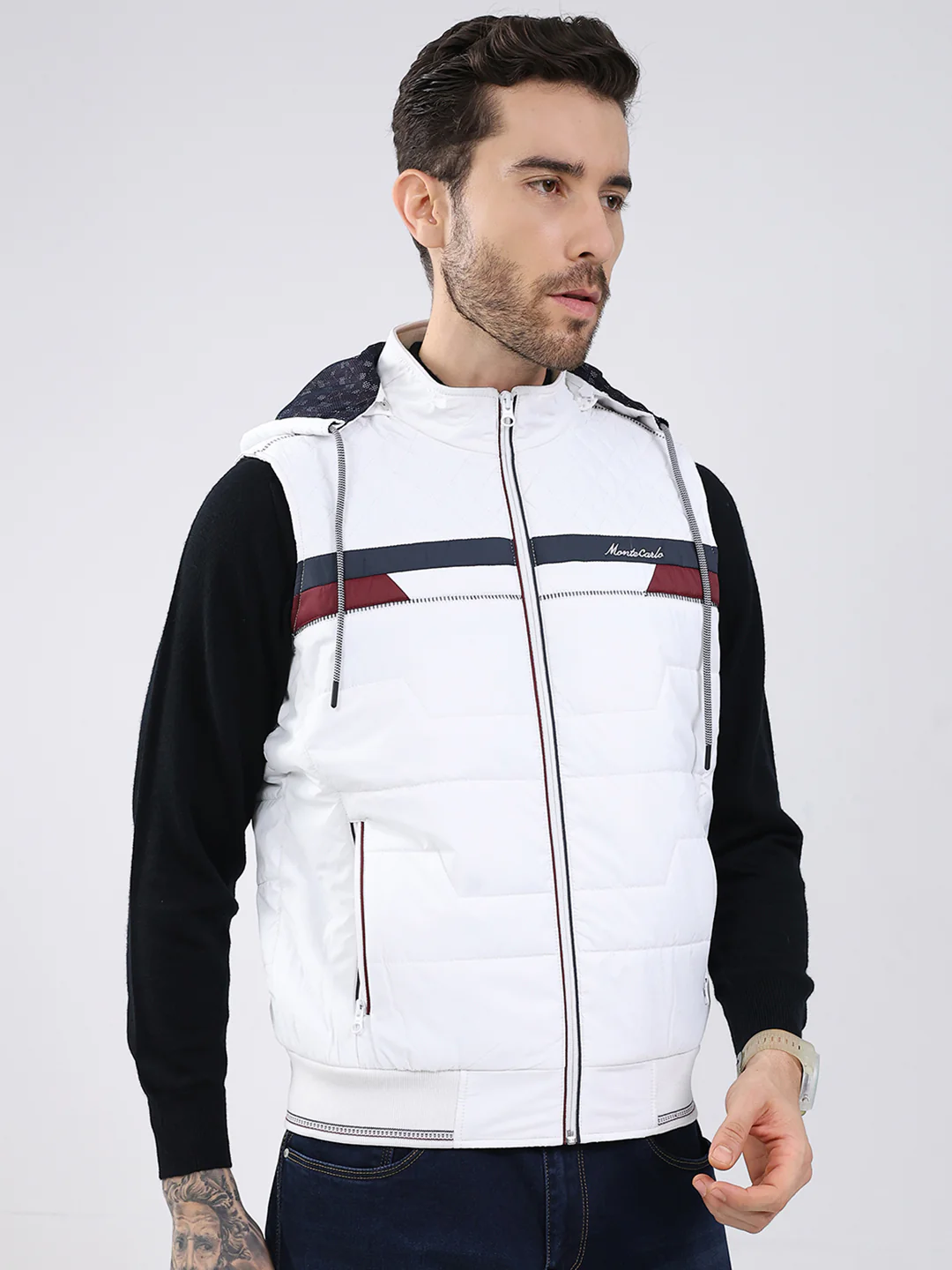 Men White Solid Detachable Hood Sleeveless Jacket - Image 4