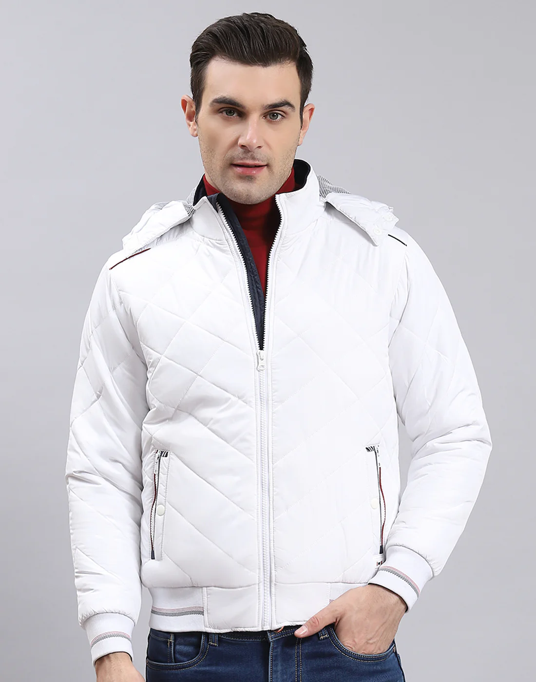 Men White Solid Hooded Full Sleeve Jacket - Image 3