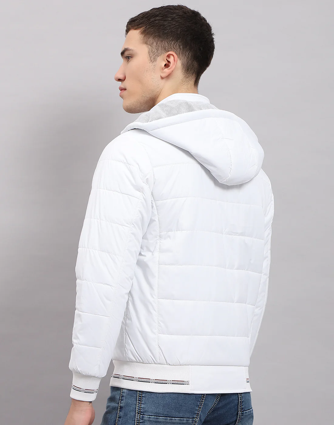 Men White Solid Hooded Full Sleeve Jacket - Image 5