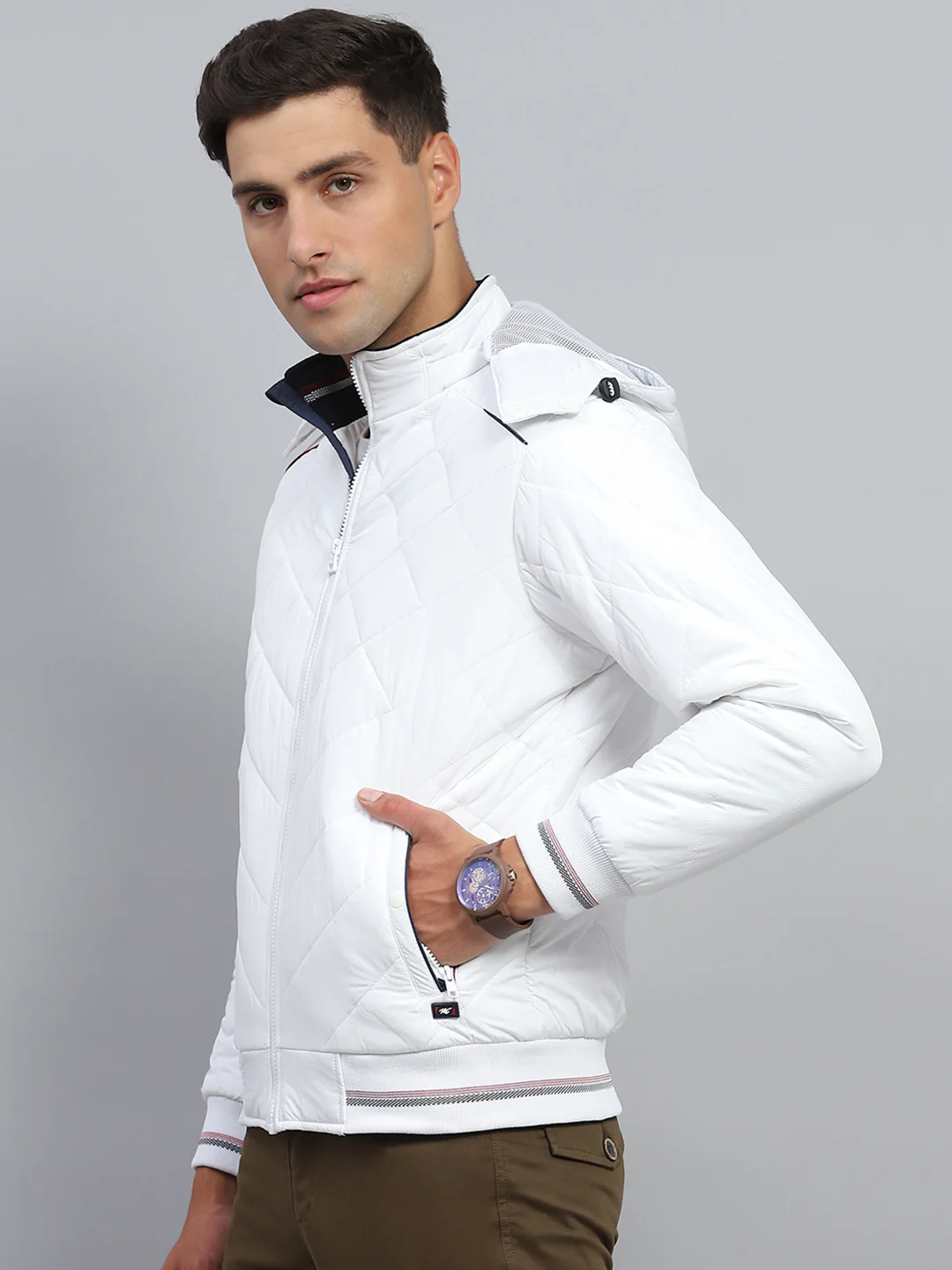 Men White Solid Hooded Full Sleeve Jacket - Image 3