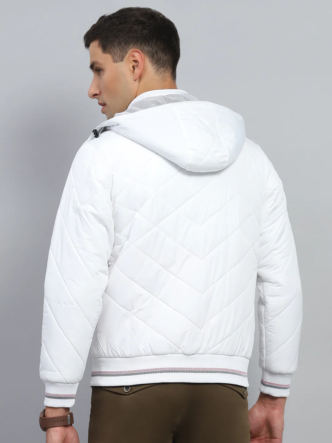 Men White Solid Hooded Full Sleeve Jacket - Image 5