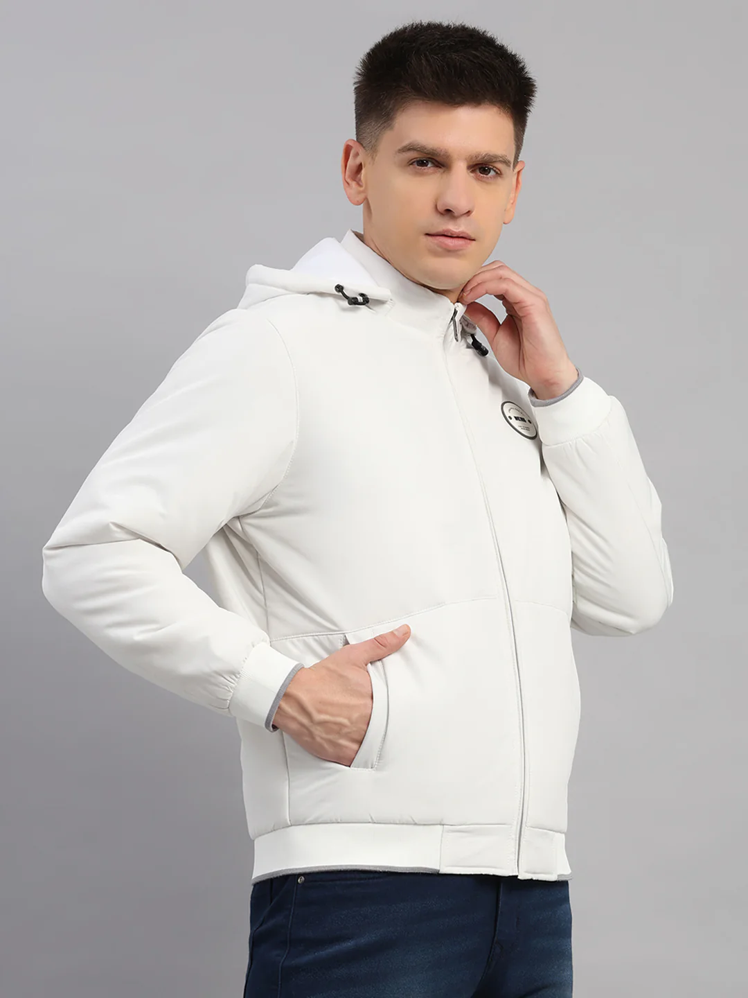 Men White Solid Hooded Full Sleeve Jacket - Image 4