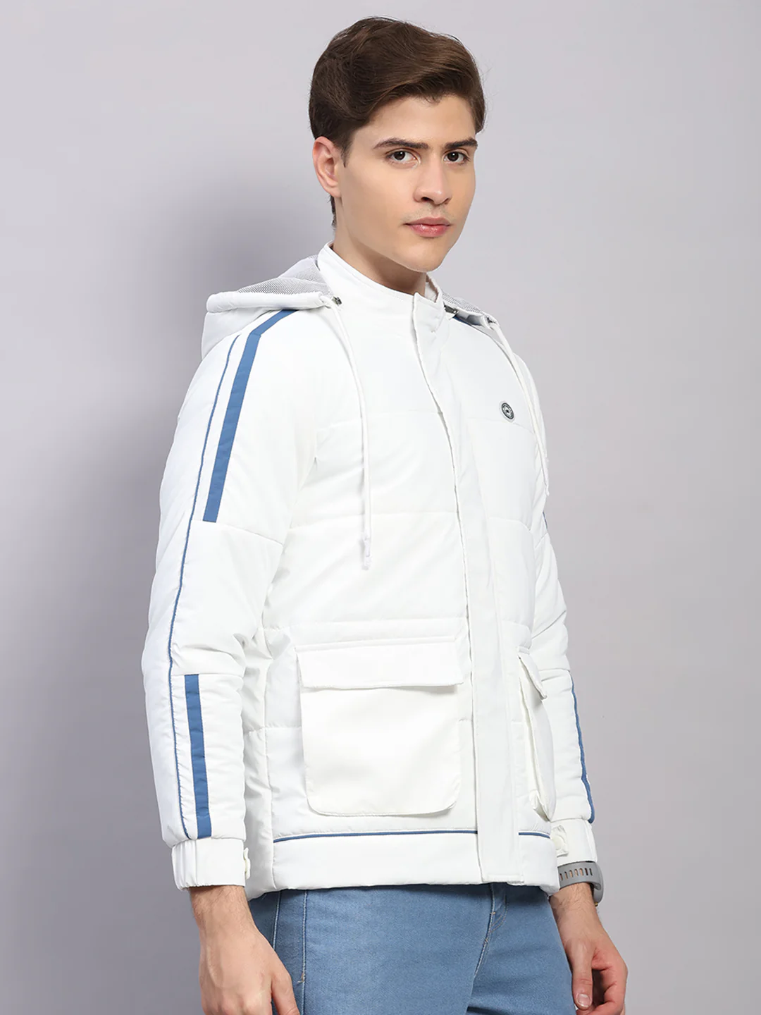 Men White Solid Hooded Full Sleeve Jacket - Image 4
