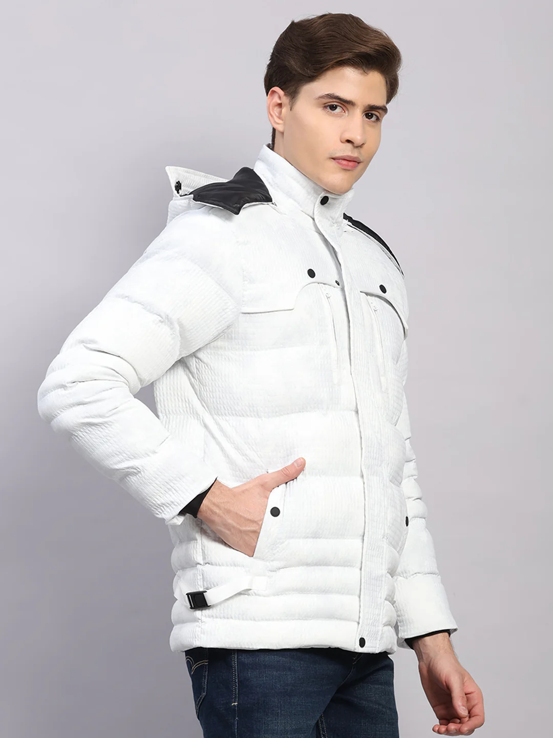 Men White Solid Hooded Full Sleeve Jacket - Image 4
