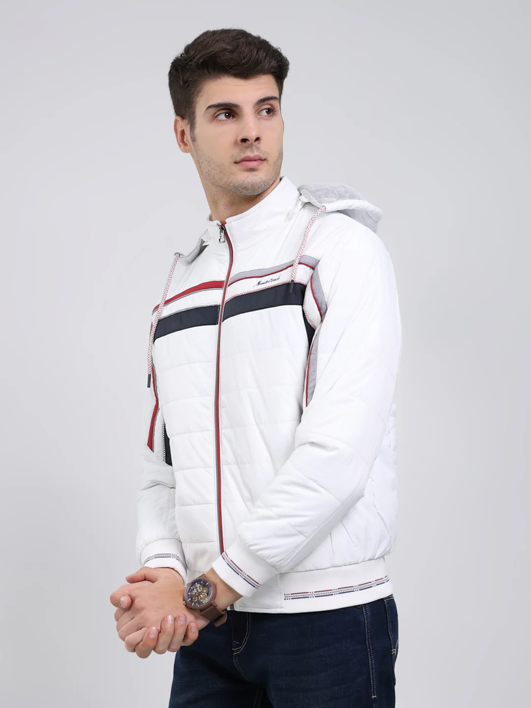 Men White Solid Hooded Full Sleeve Jacket - Image 3