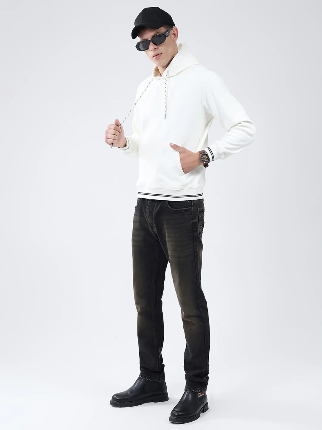 Men White Solid Hooded Full Sleeve Sweatshirt - Image 2