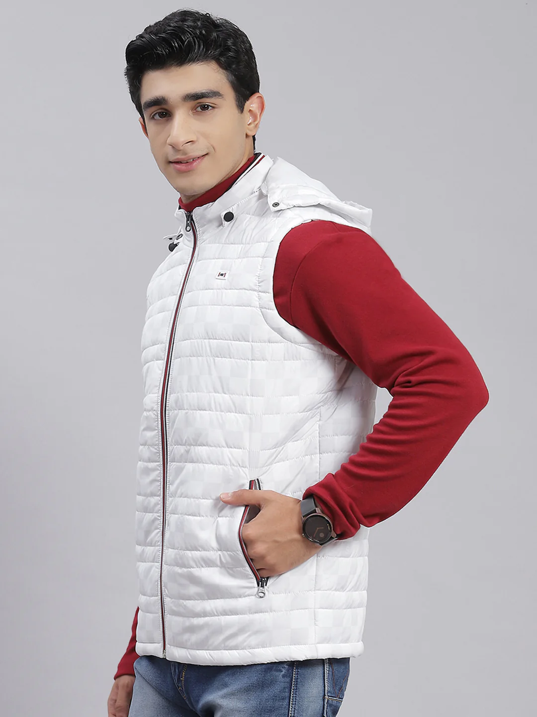 Men White Solid Hooded Sleeveless Jackets - Image 4