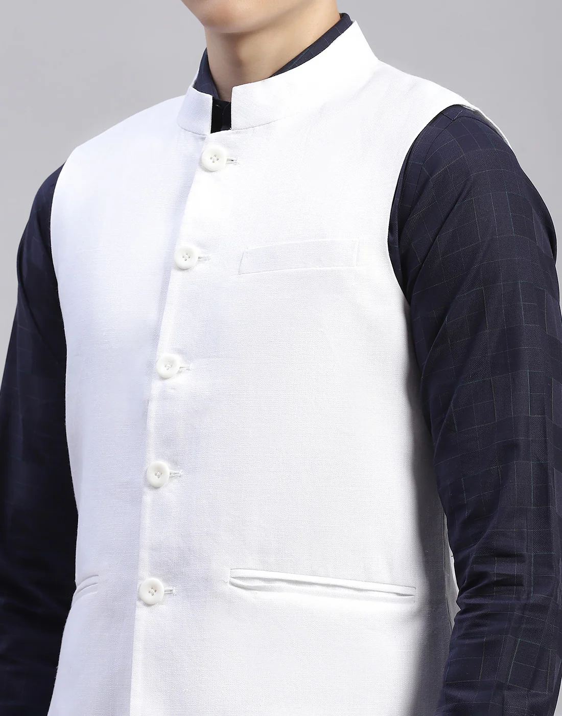 Men White Solid Mandarin Neck Sleeveless Nehru Jacket - Image 6