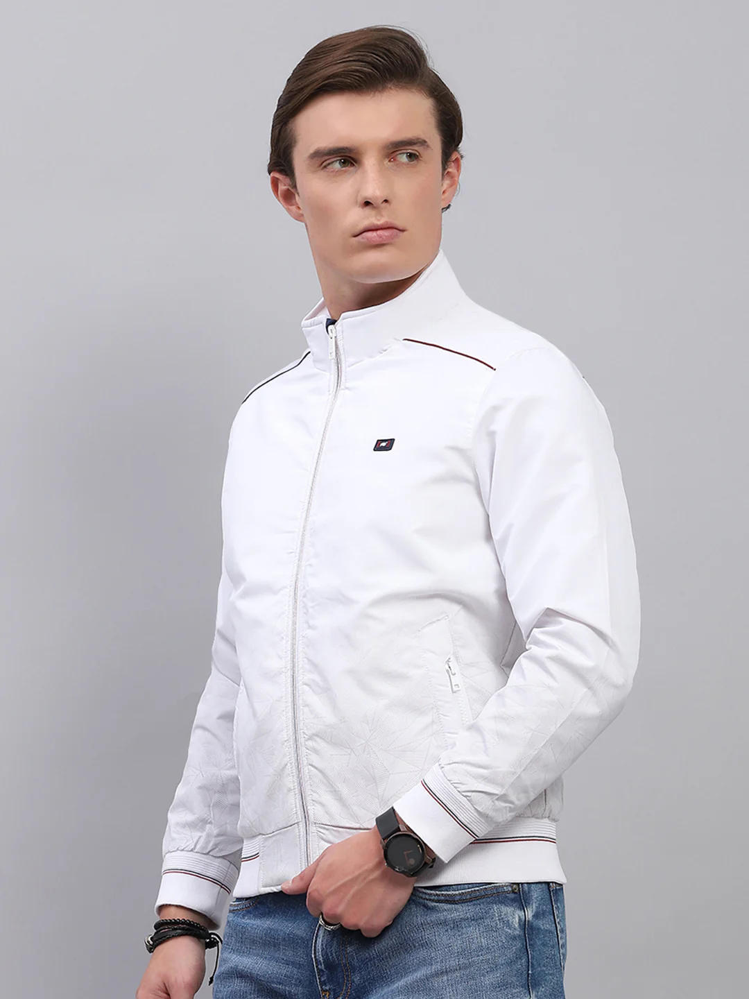 Men White Solid Mock Neck Full Sleeve Jacket - Image 3