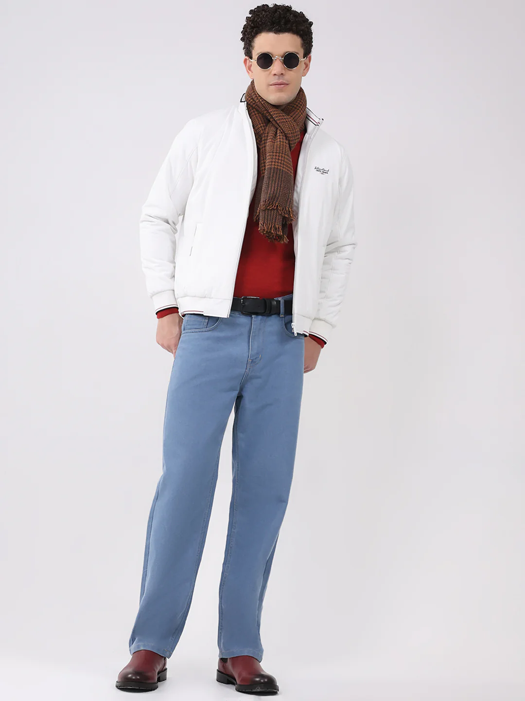 Men White Solid Mock Neck Full Sleeve Jacket - Image 2
