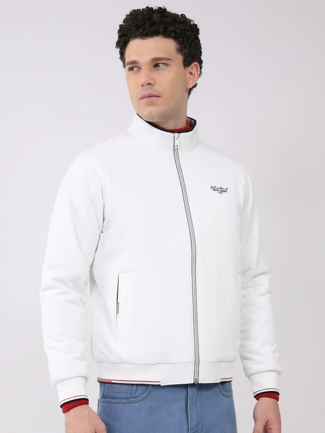 Men White Solid Mock Neck Full Sleeve Jacket - Image 4