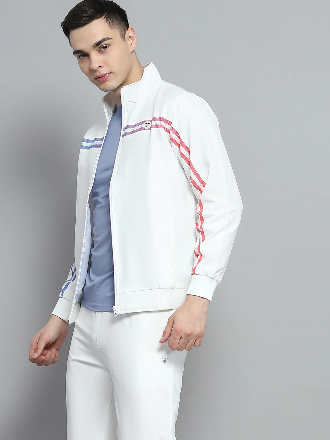 Men White Solid Mock Neck Full Sleeve Winter Tracksuit - Image 6