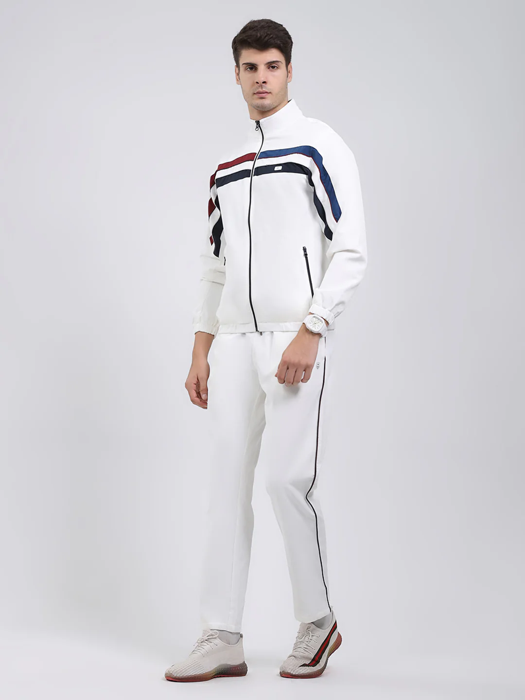 Men White Solid Mock Neck Full Sleeve Winter Tracksuit - Image 6