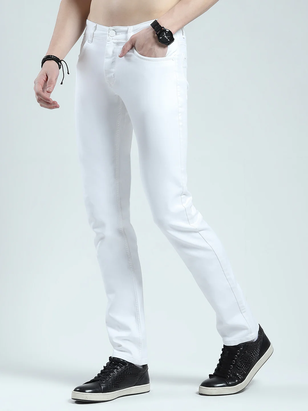 Men White Solid Narrow Fit Denim - Image 3