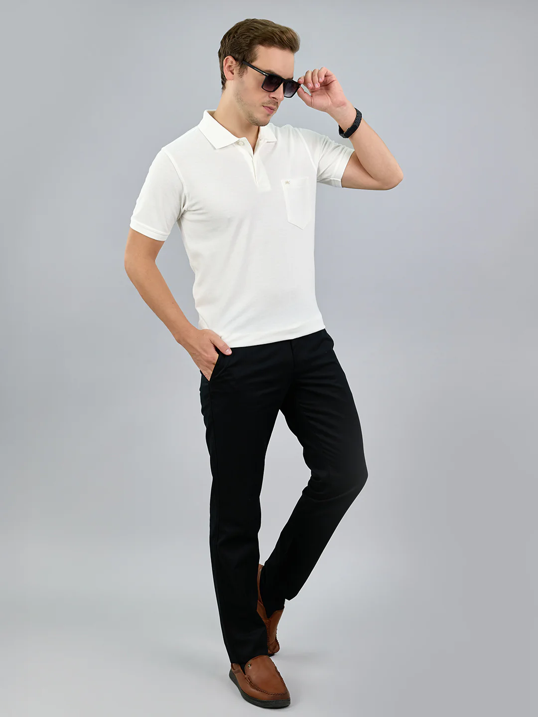 Men White Solid Polo Collar Half Sleeve T-Shirt - Image 8