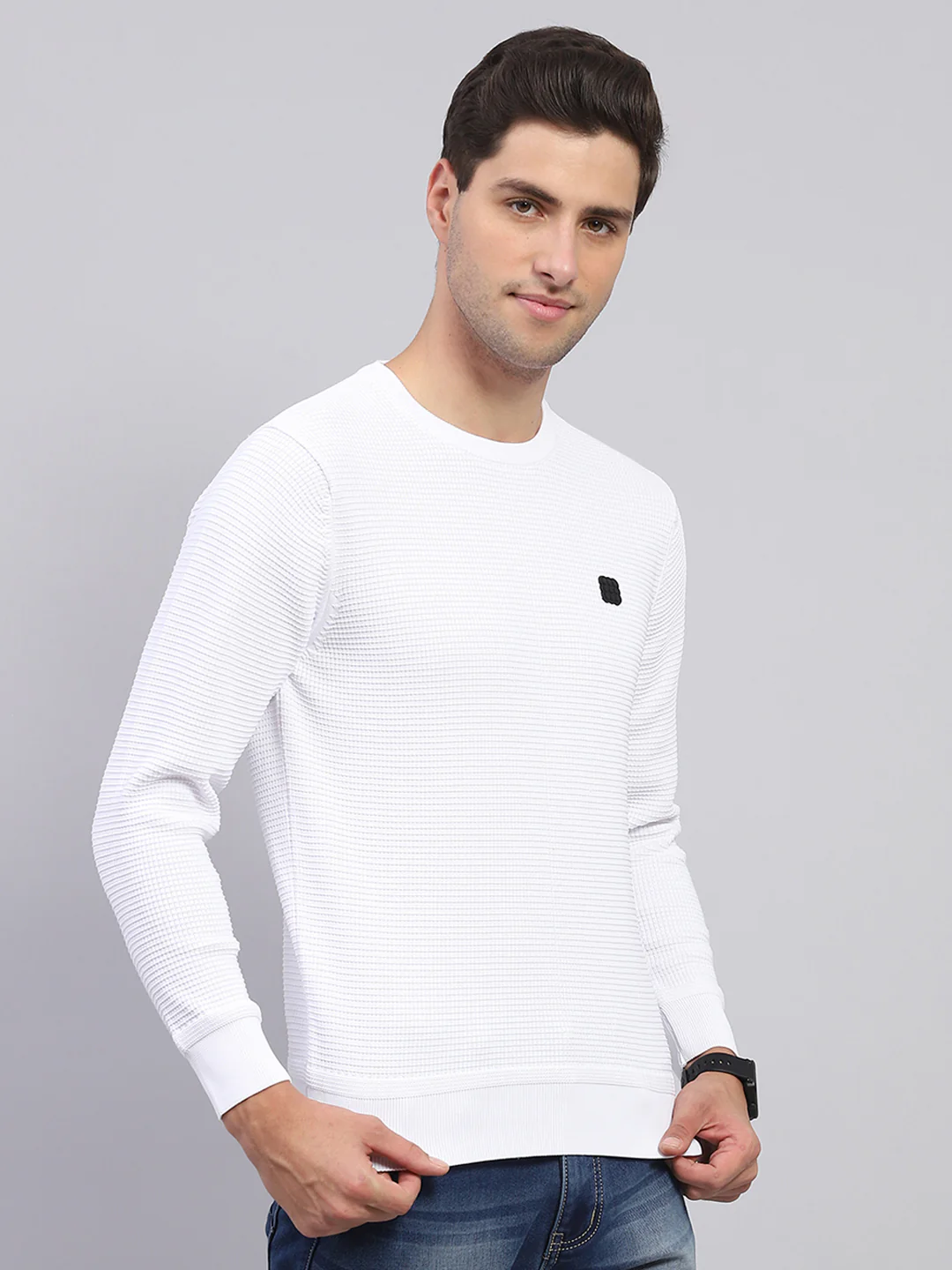 Rock.it Men White Solid Round Neck Full Sleeve Pullover - Image 4