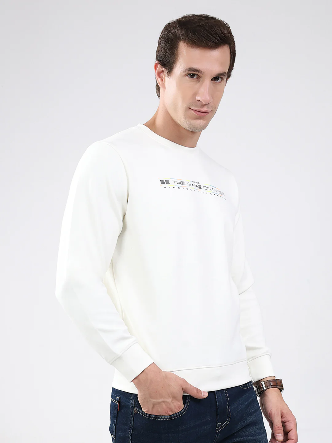 Men White Solid Round Neck Full Sleeve Sweatshirt - Image 4