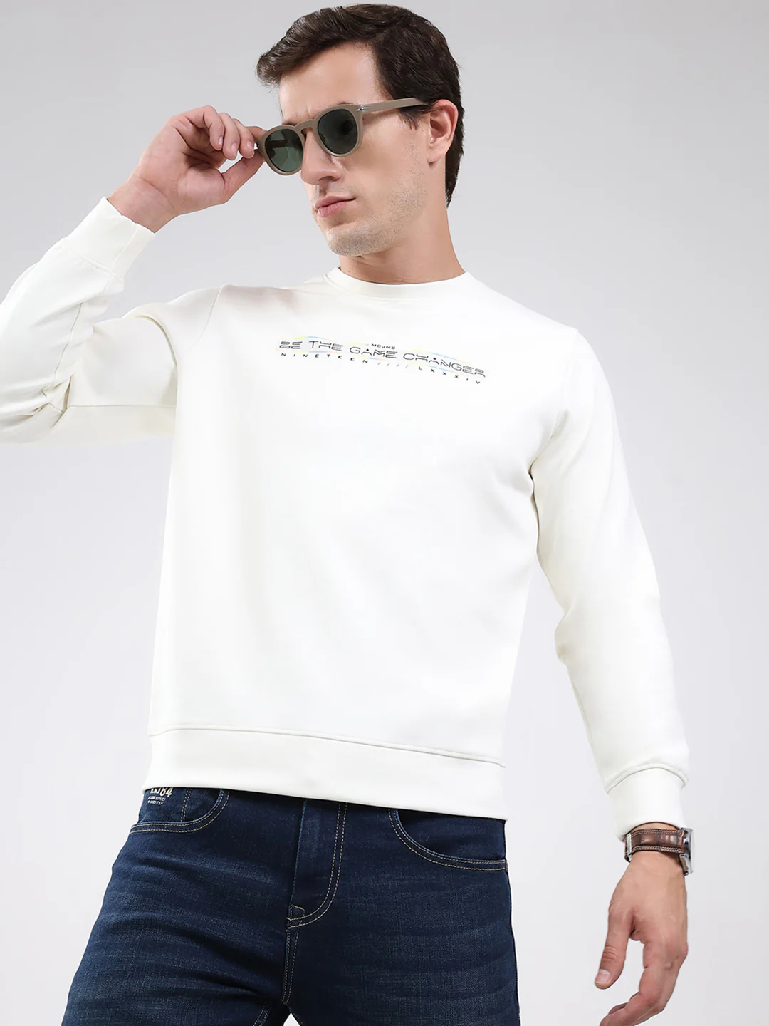 Men White Solid Round Neck Full Sleeve Sweatshirt - Image 6