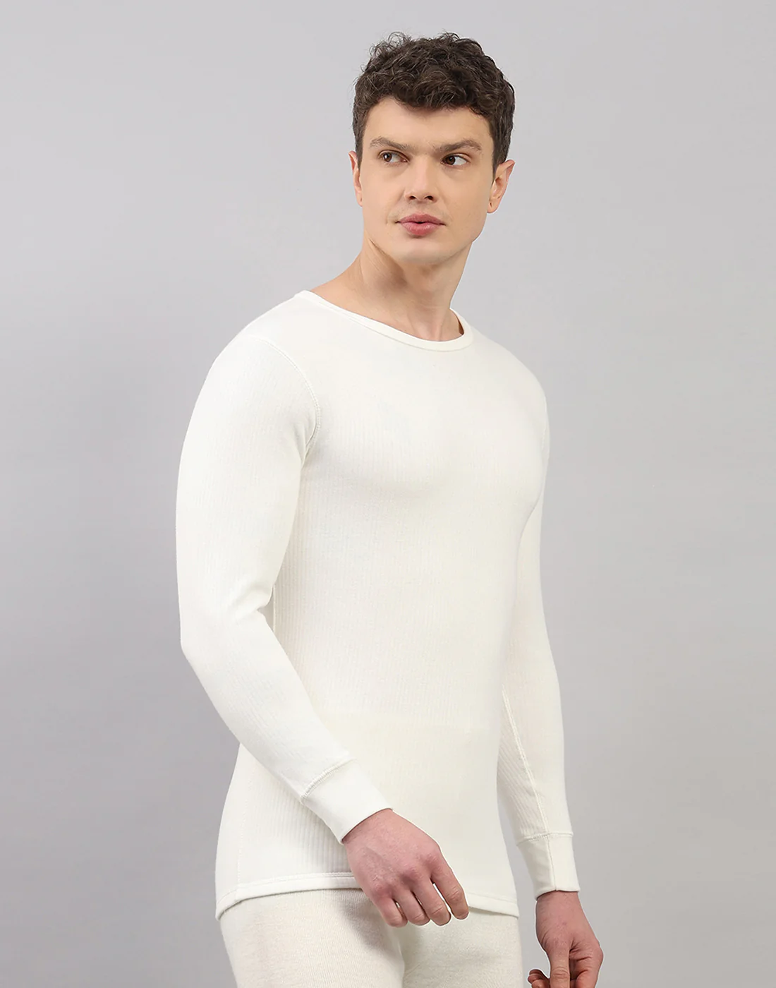 Men White Solid Round Neck Full Sleeve Thermal Vest - Image 3