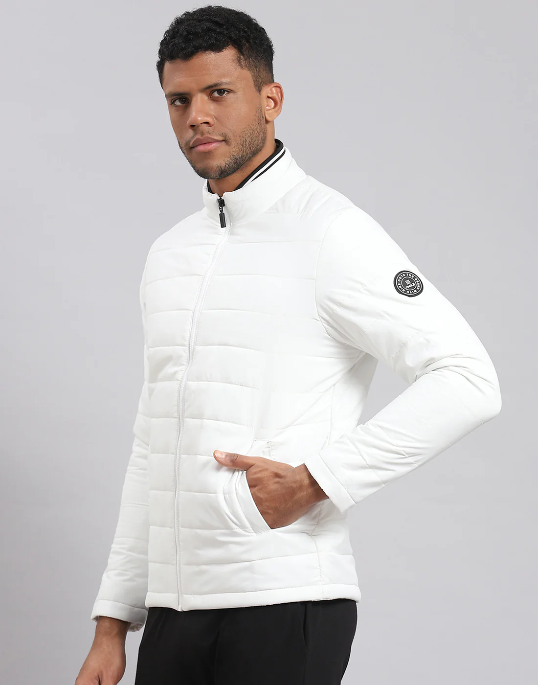 Rock.it Men White Solid Stand Collar Full Sleeve Jacket - Image 3