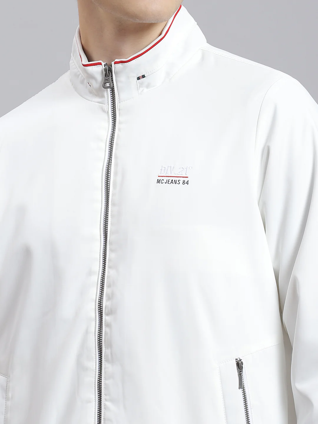Men White Solid Stand Collar Full Sleeve Jacket - Image 6