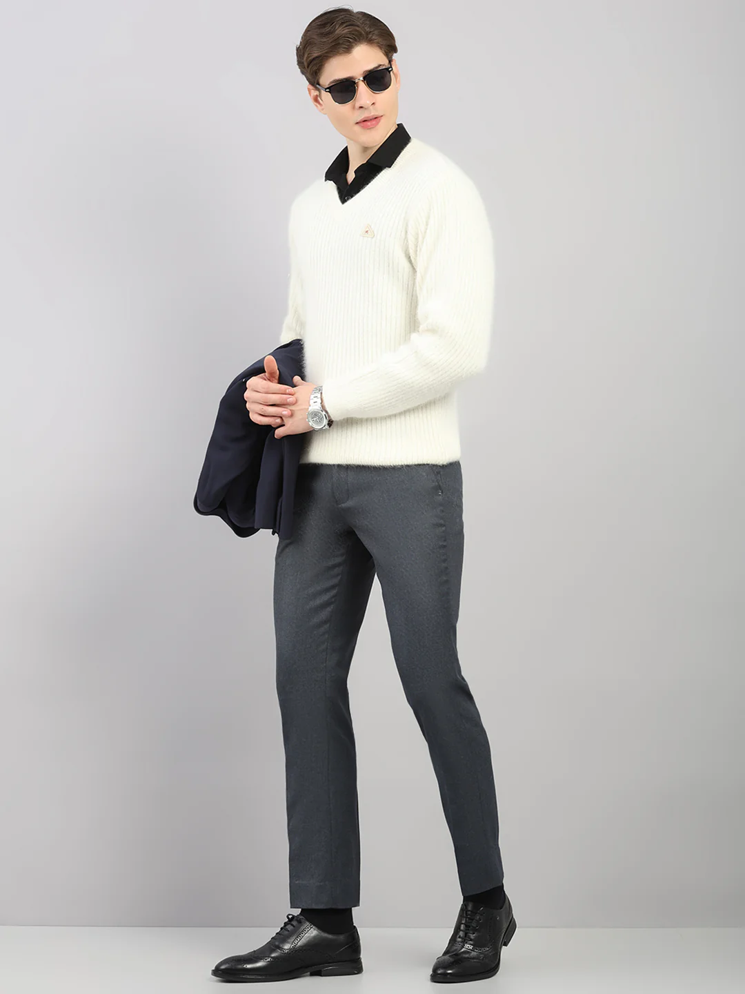 Men White Solid V Neck Full Sleeve Pullover - Image 2