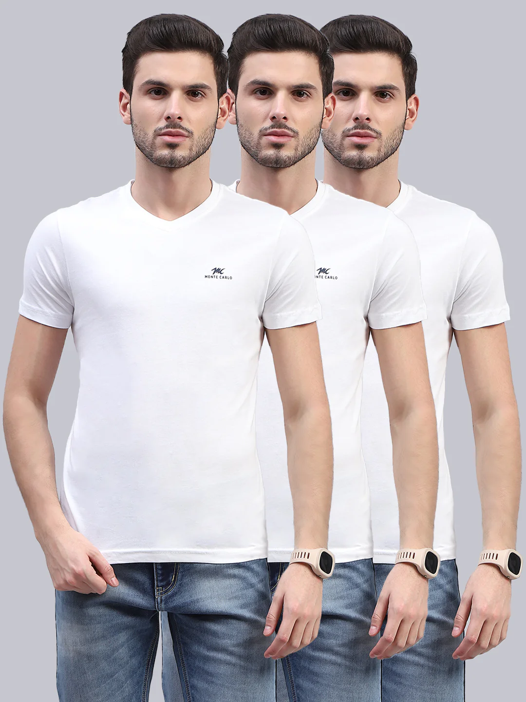 Men White Solid V Neck Half Sleeve T-Shirt (Pack of 3) - Image 2