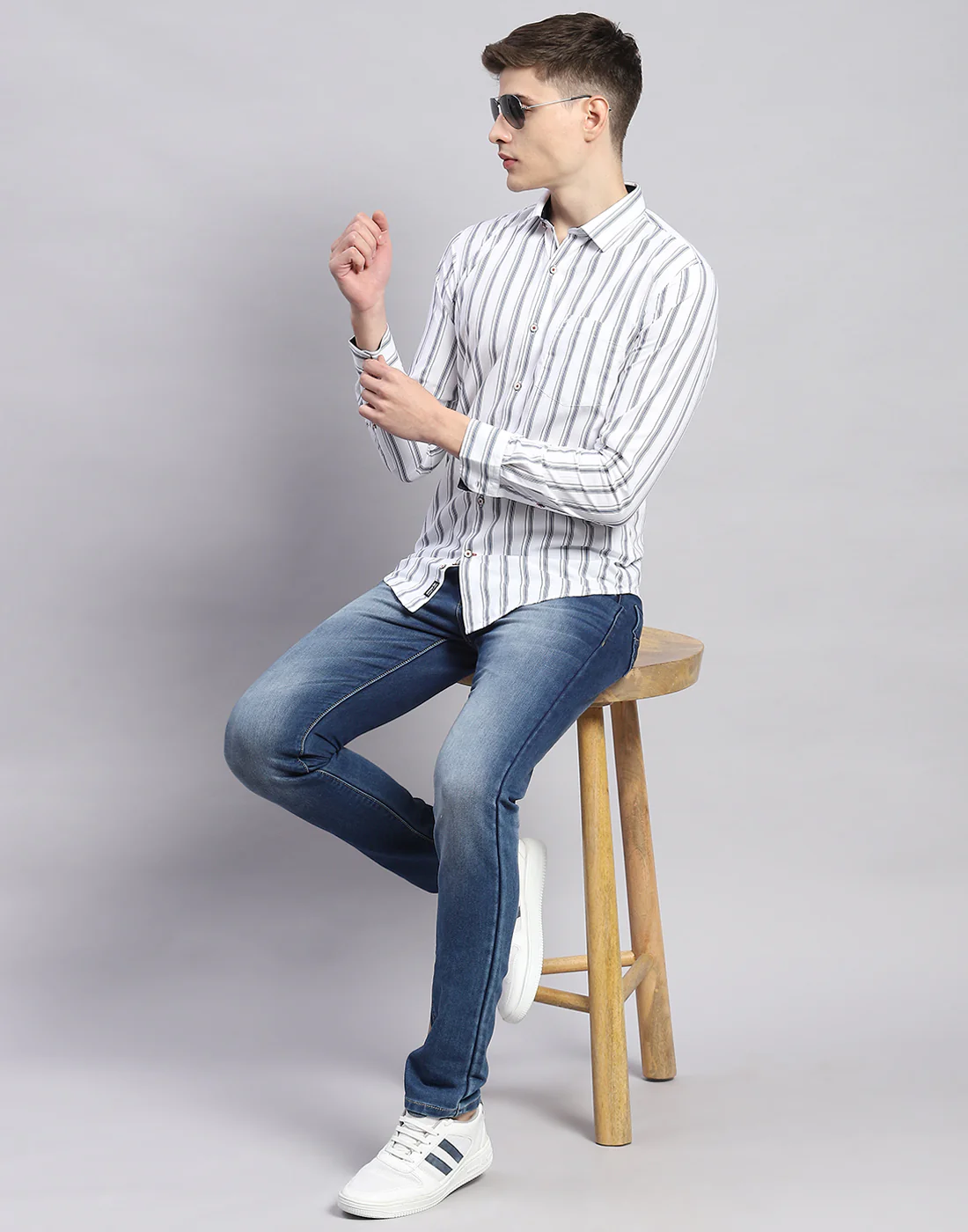 Men White Stripe Collar Full Sleeve Shirt - Image 2