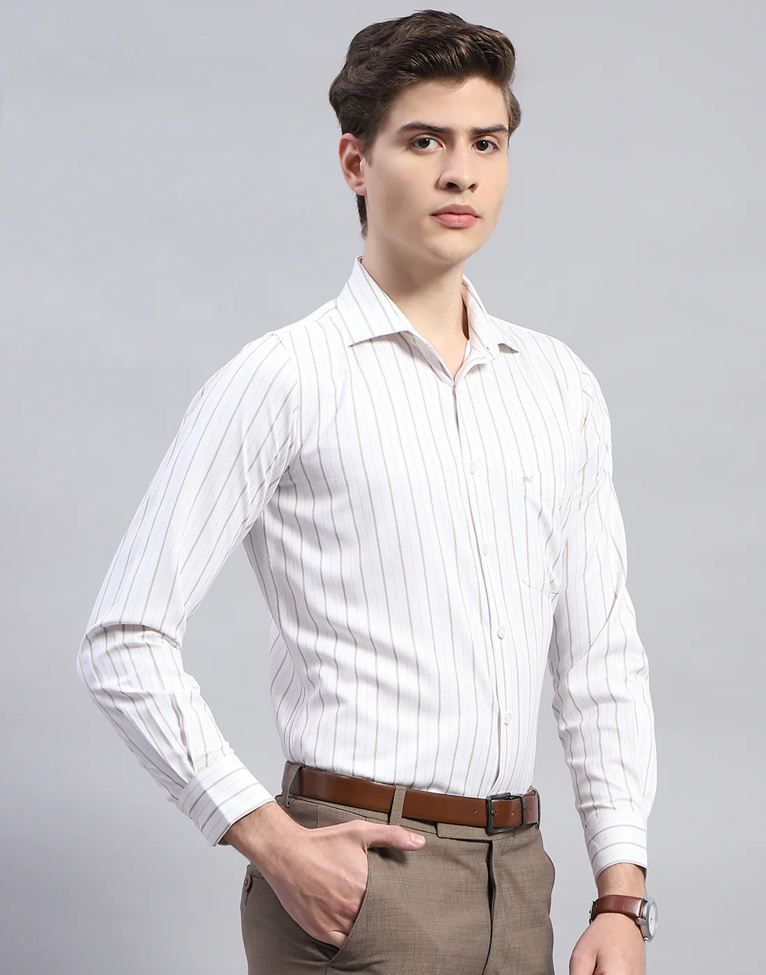 Men White Stripe Collar Full Sleeve Shirt - Image 5