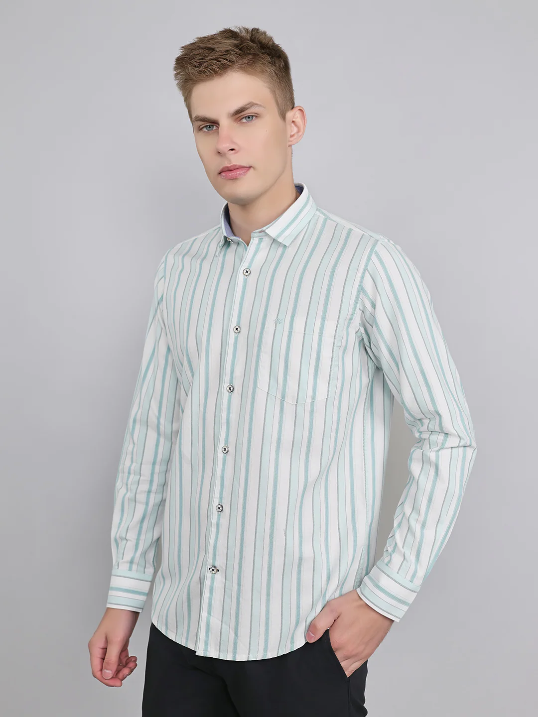 Men White Stripe Collar Full Sleeve Shirt - Image 2