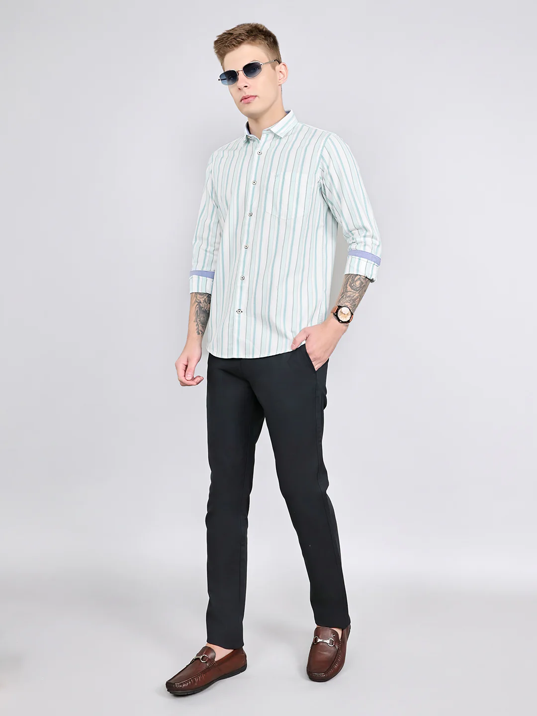 Men White Stripe Collar Full Sleeve Shirt - Image 6