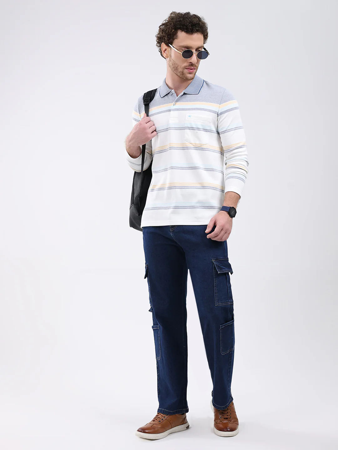 Men White Stripe Collar Full Sleeve Winter T-Shirt - Image 2