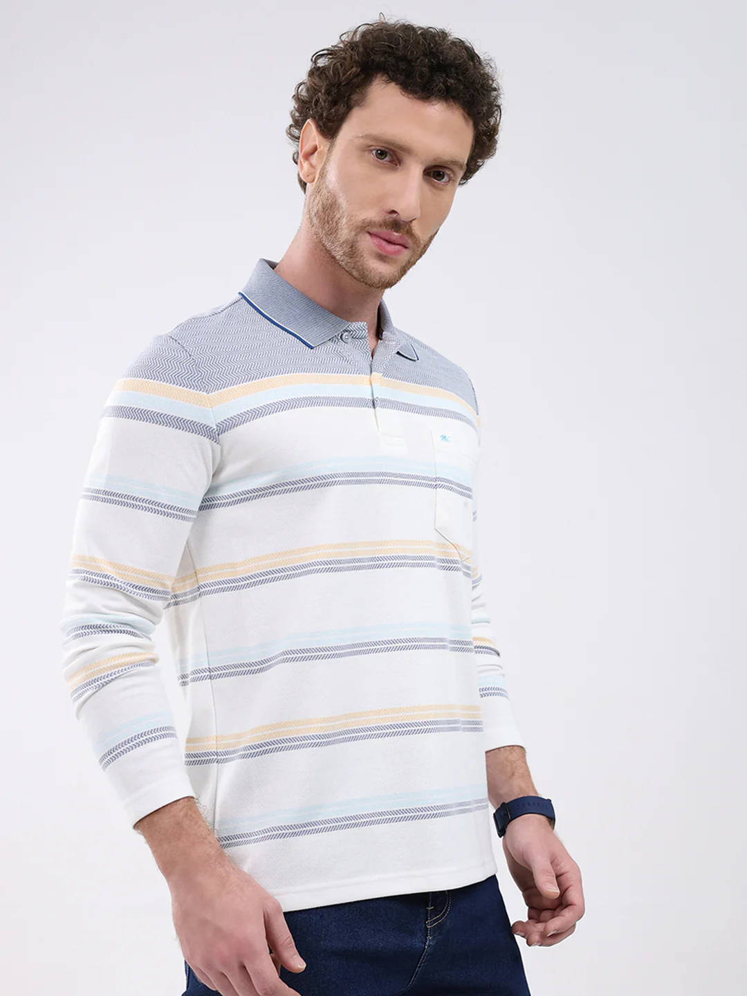 Men White Stripe Collar Full Sleeve Winter T-Shirt - Image 4