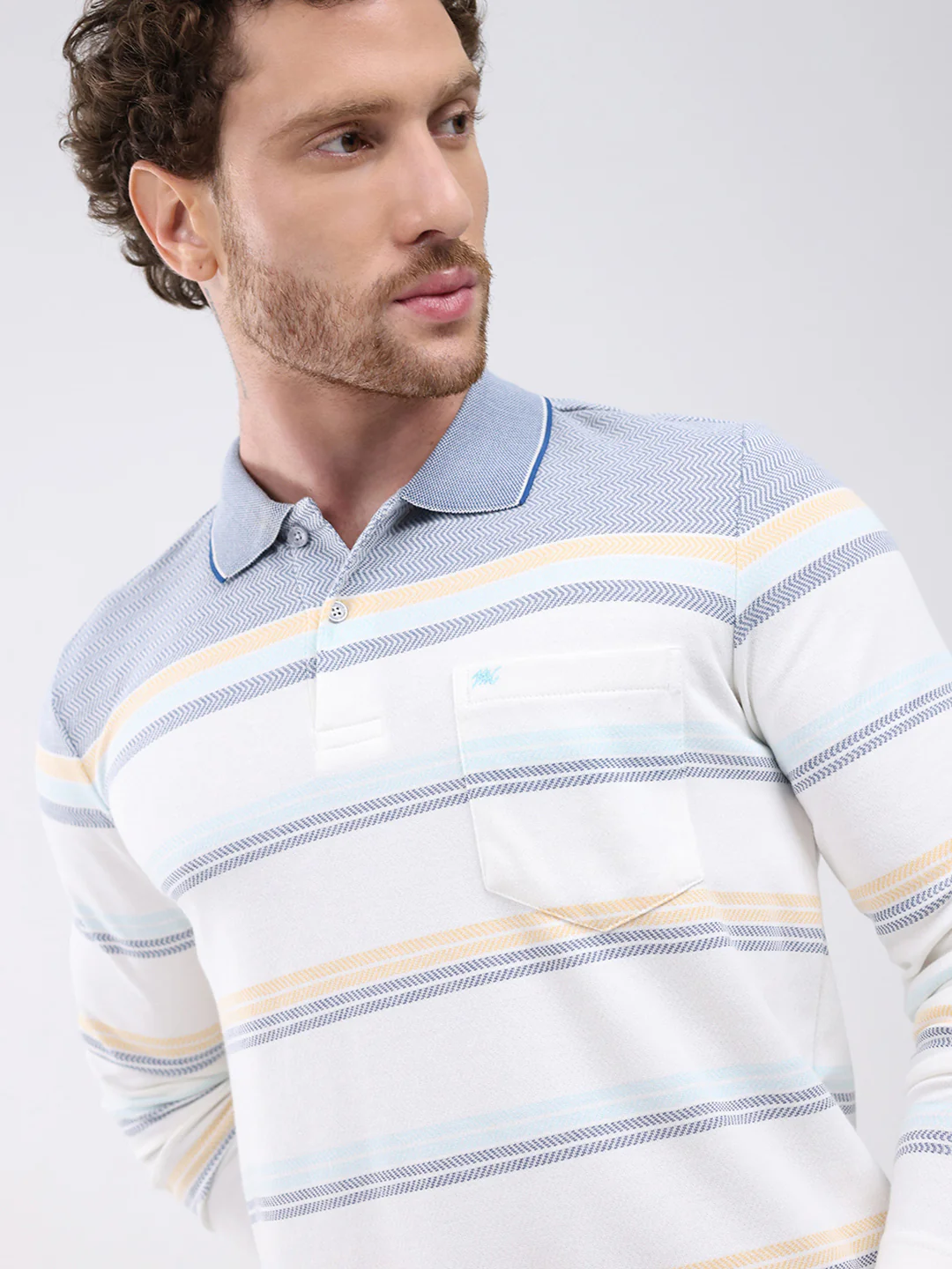 Men White Stripe Collar Full Sleeve Winter T-Shirt - Image 7