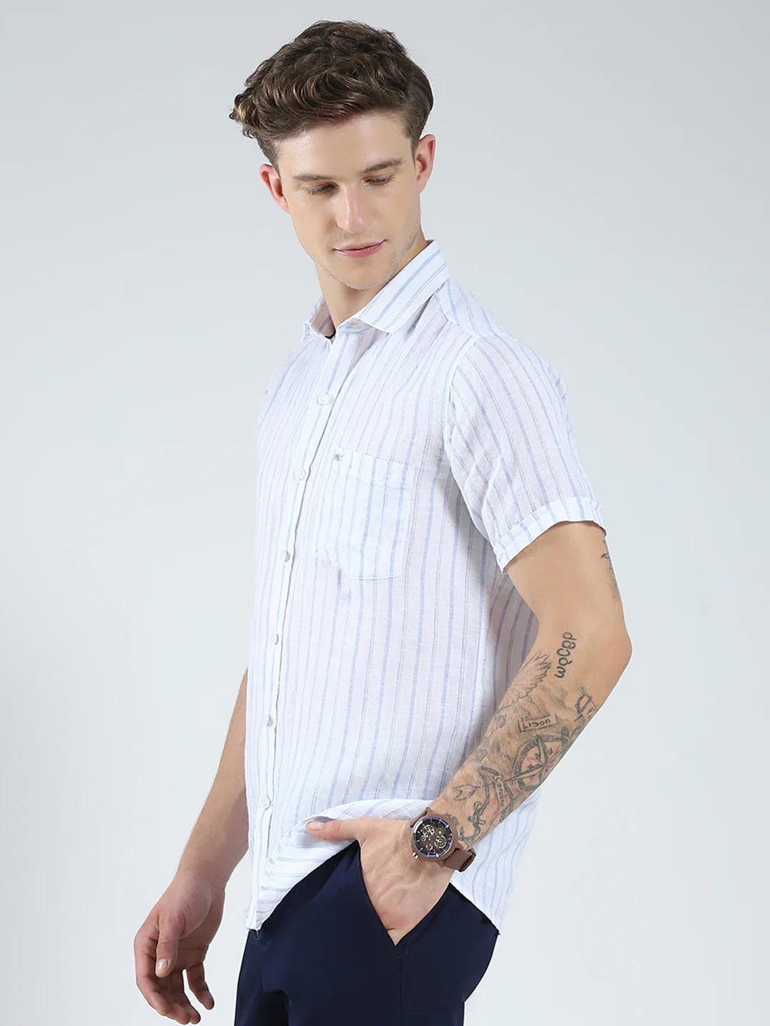 Men White Stripe Collar Half Sleeve Linen Shirt - Image 3
