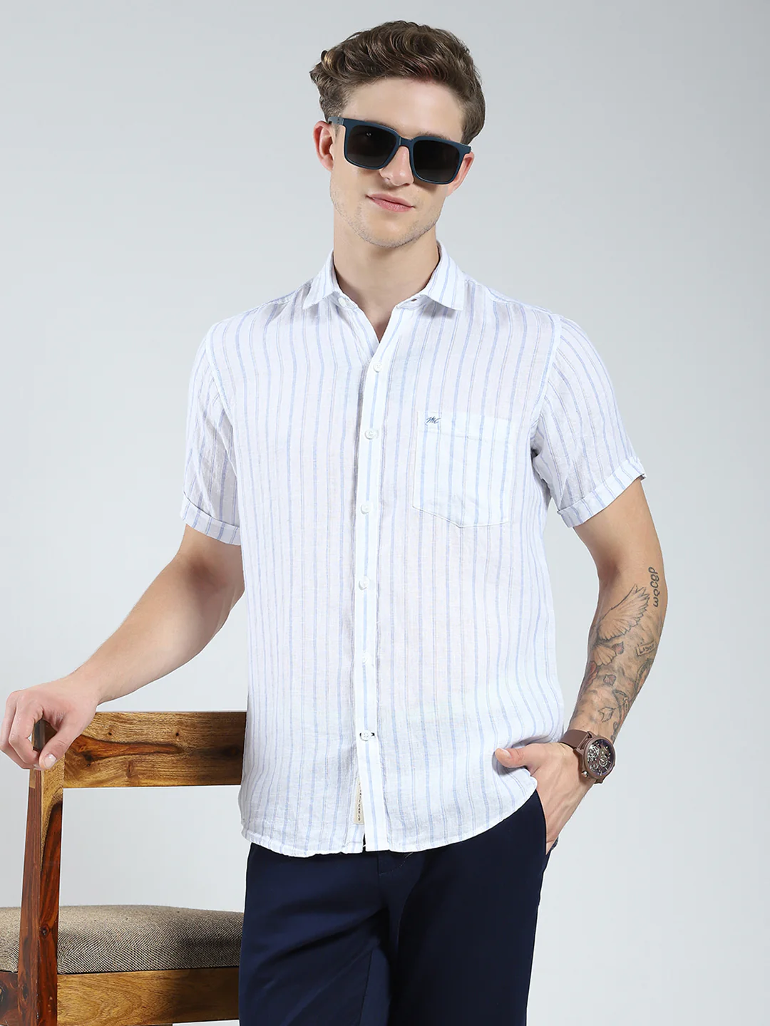 Men White Stripe Collar Half Sleeve Linen Shirt - Image 6