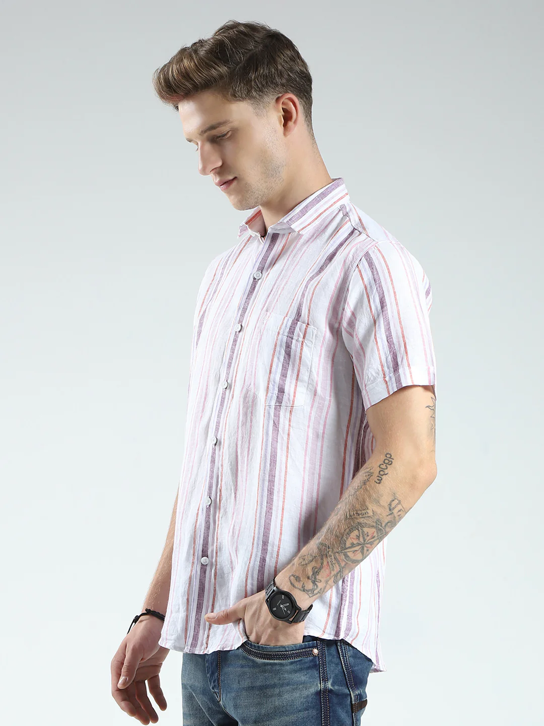 Men White Stripe Collar Half Sleeve Linen Shirt - Image 3